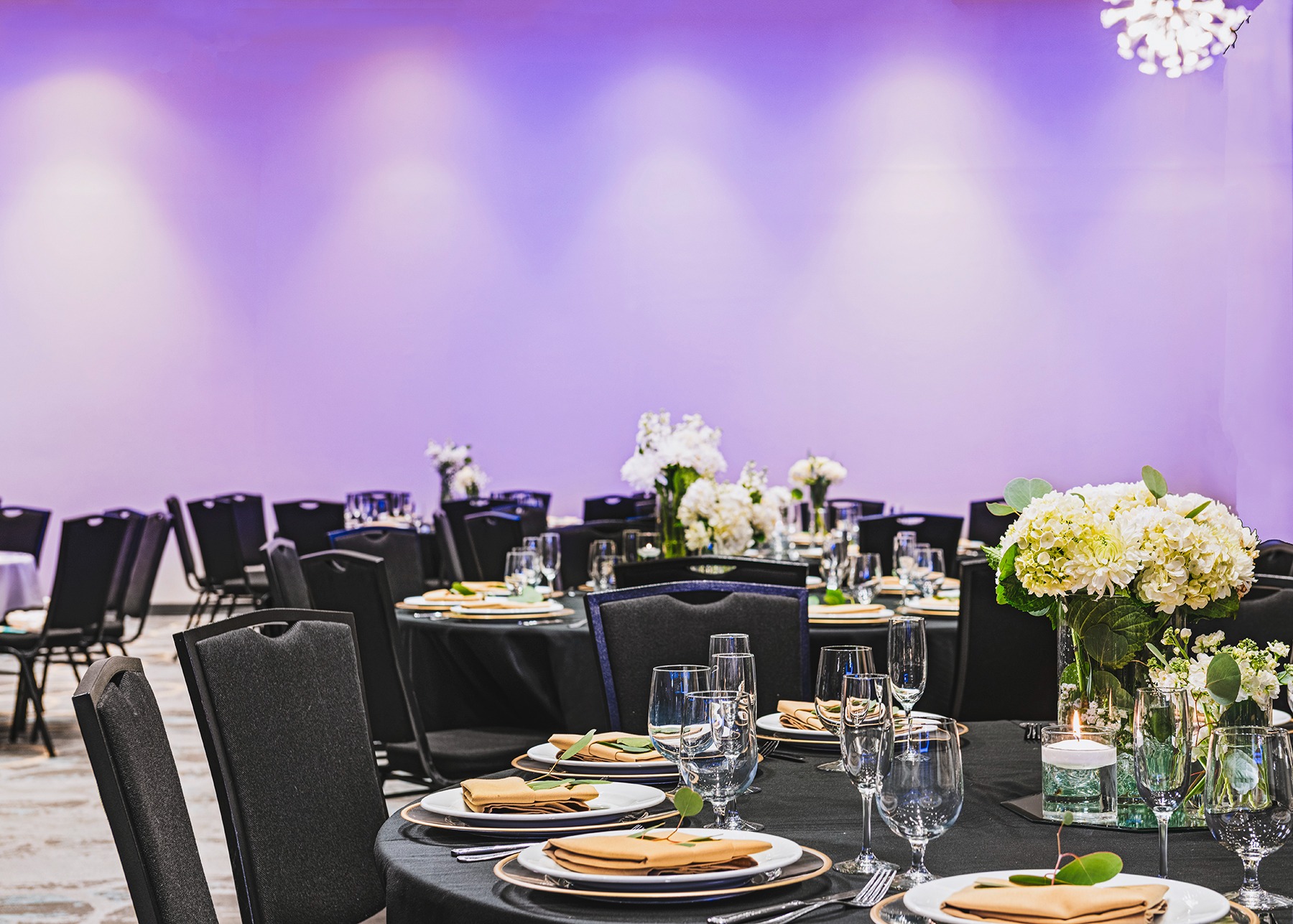 Elegant banquet tables in the Grand Ballroom